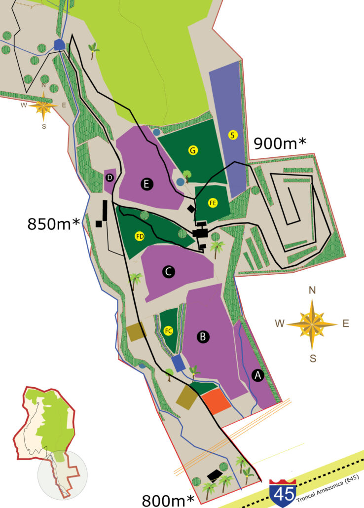 Tropical Permaculture Productive Zones of Use. Image includes: Tropical Farm Zones  
Productive Fruit Zones
Bamboo Zones
Public And Private Access Roads
Access Trails within the Zones
Farm boundaries
Food forest 
Bamboo agroforestry 